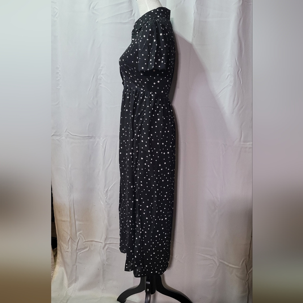 Women's Black Sheer Collared Polka Dot Short Sleeve Midi Dress Size XS EUC 🐈 - Picture 9 of 14